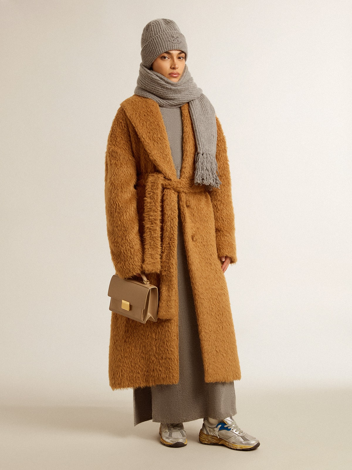 Women's coat with shawl collar in tobacco