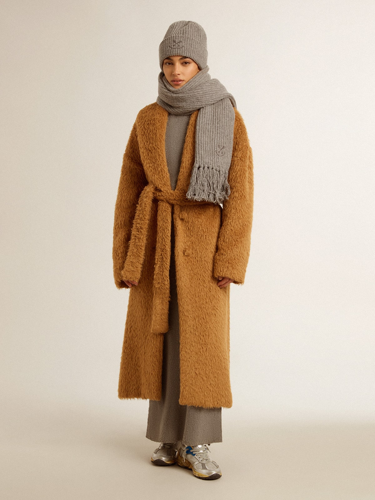 Women's coat with shawl collar in tobacco