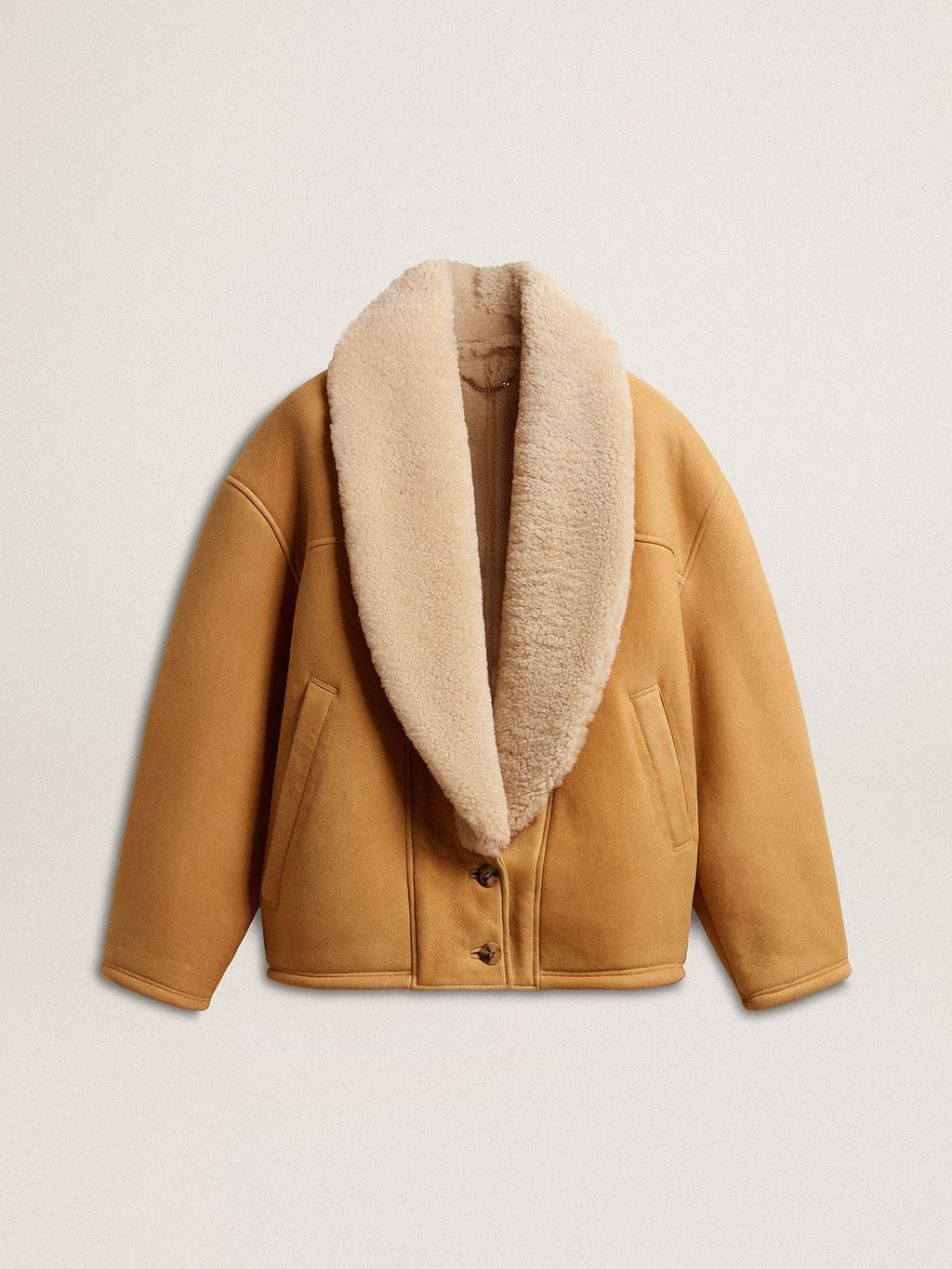 Women's sheepskin jacket with a wide shearling shawl collar
