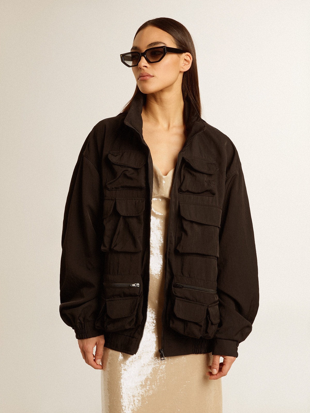 Black multi-pocket windcheater