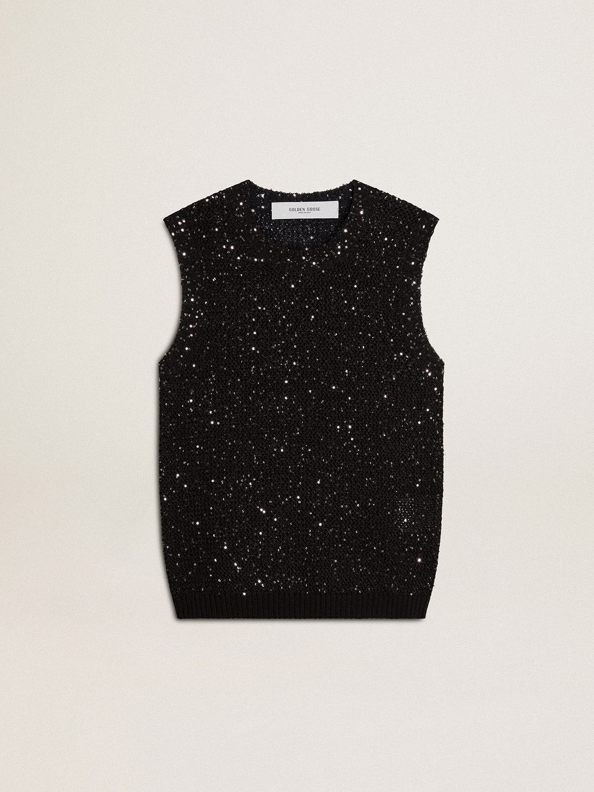 Black mesh knit top with sequins and contrasting details