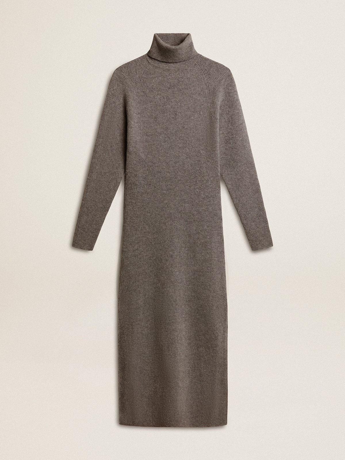Gray melange ribbed woolen dress with high neck