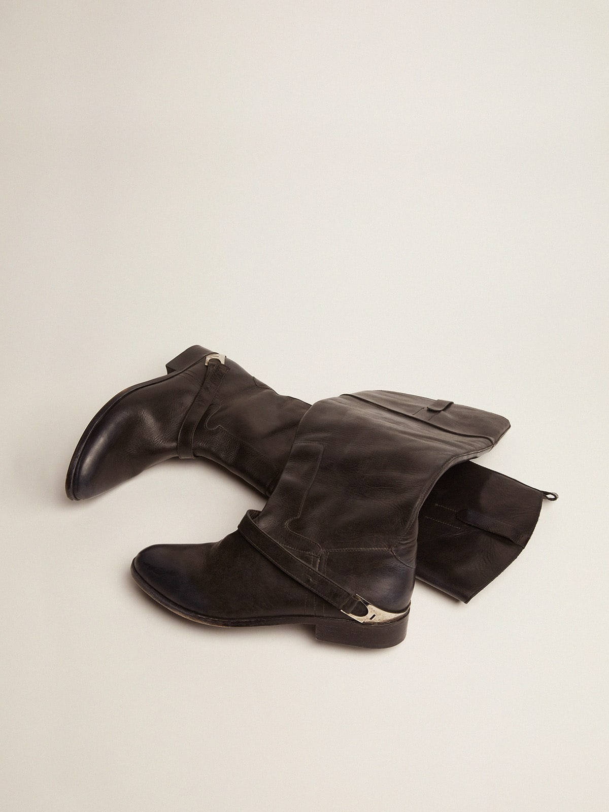 Women's black leather boots with clamp on the heel| Golden Goose
