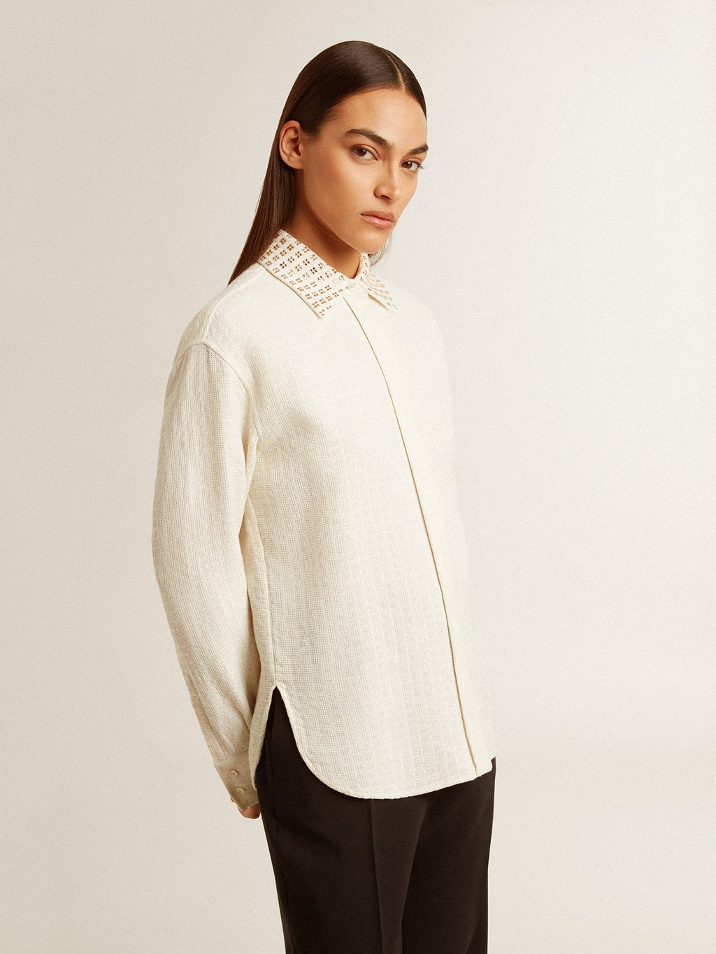 Women's viscose and cotton blend shirt with crystal-embellished collar