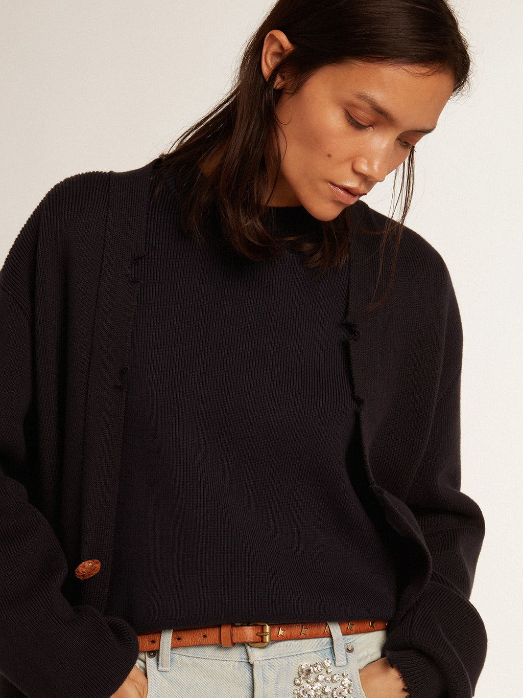 Women's cardigan in distressed dark blue cotton| Golden Goose