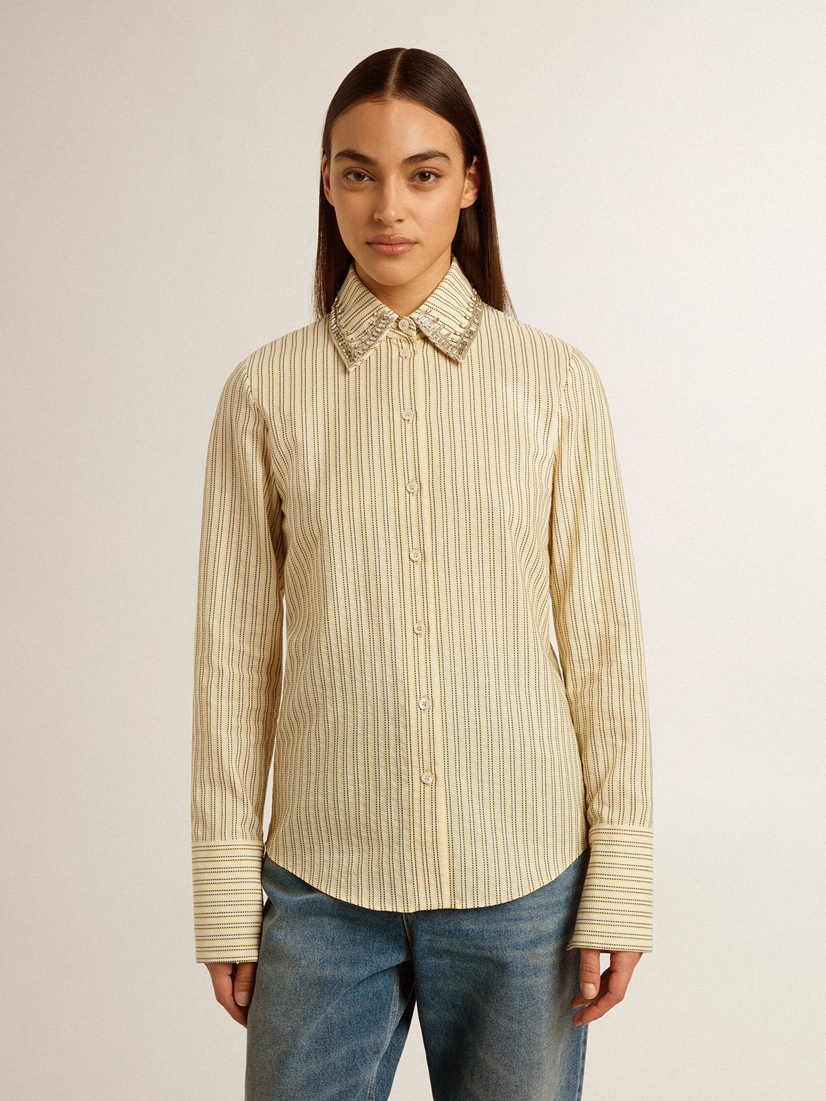 Ecru shirt with stripes and embroidered crystals
