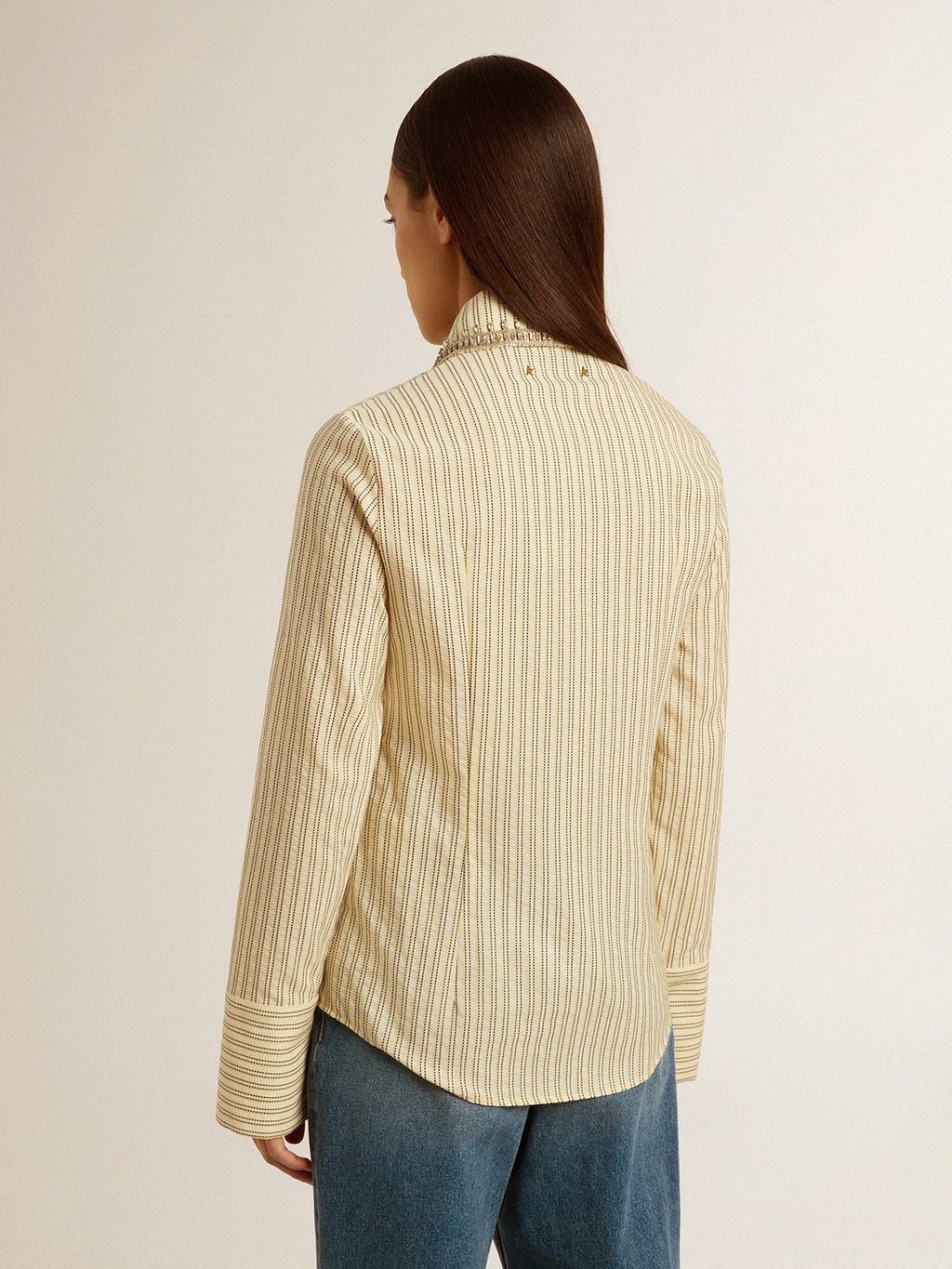 Ecru shirt with stripes and embroidered crystals