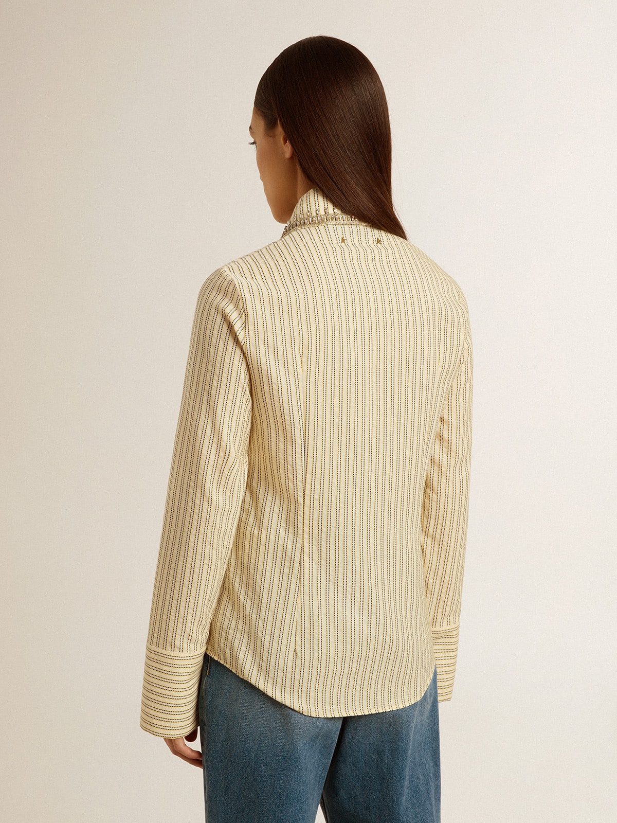 Ecru shirt with stripes and embroidered crystals