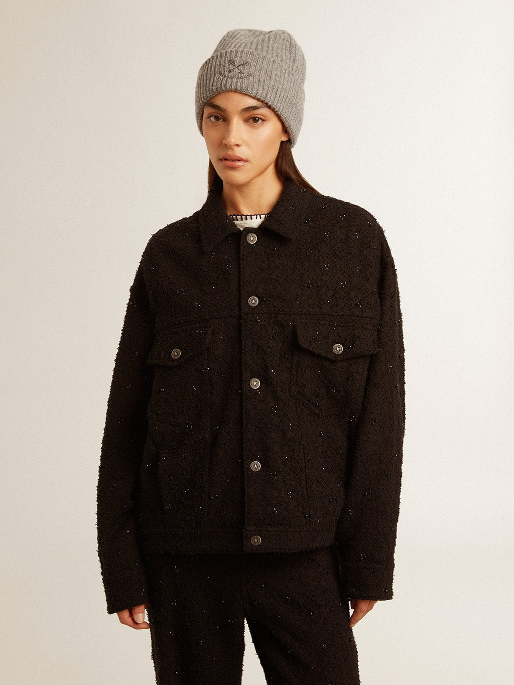 Women's black denim jacket with embroidery