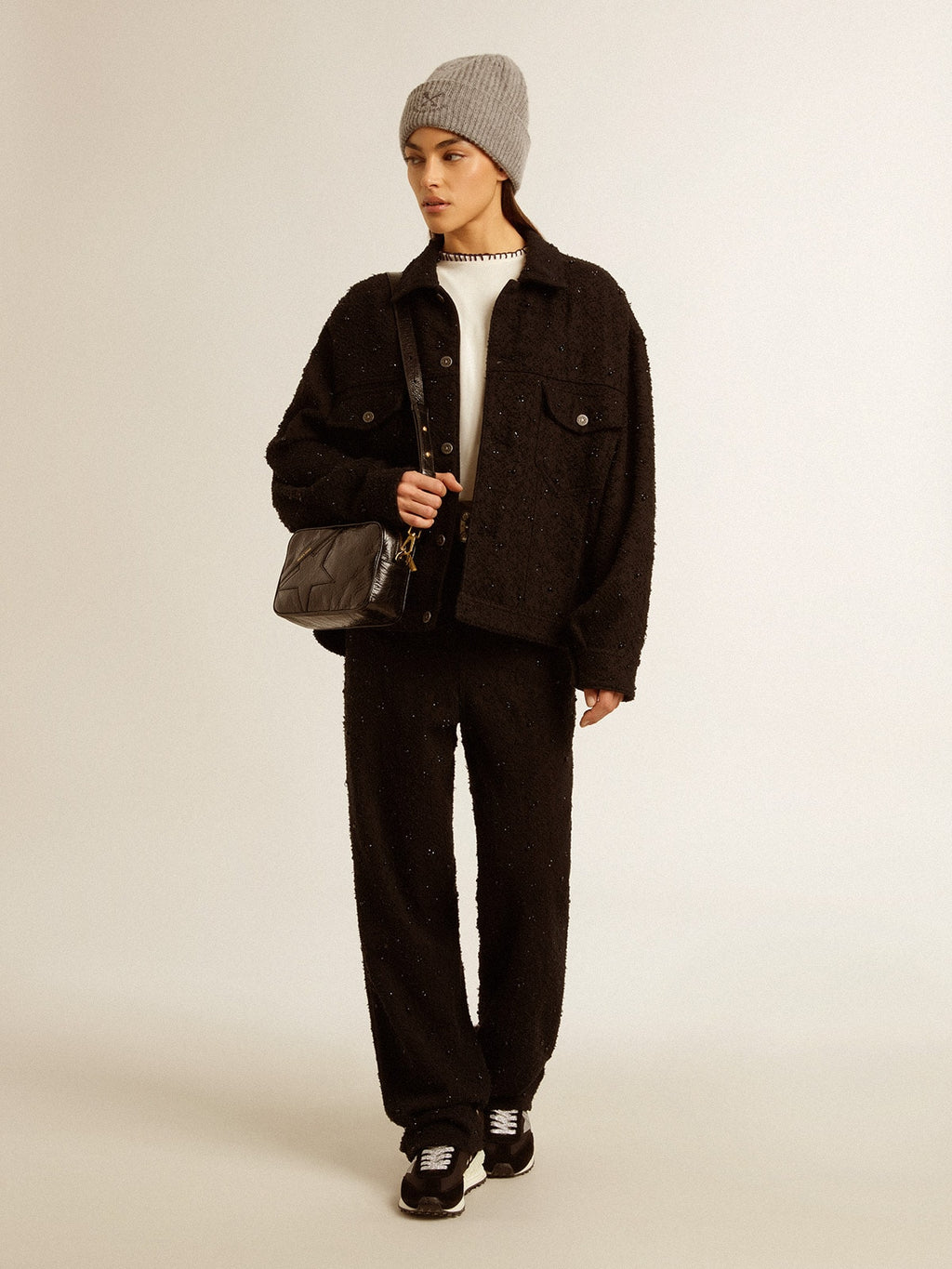 Women's black denim jacket with embroidery