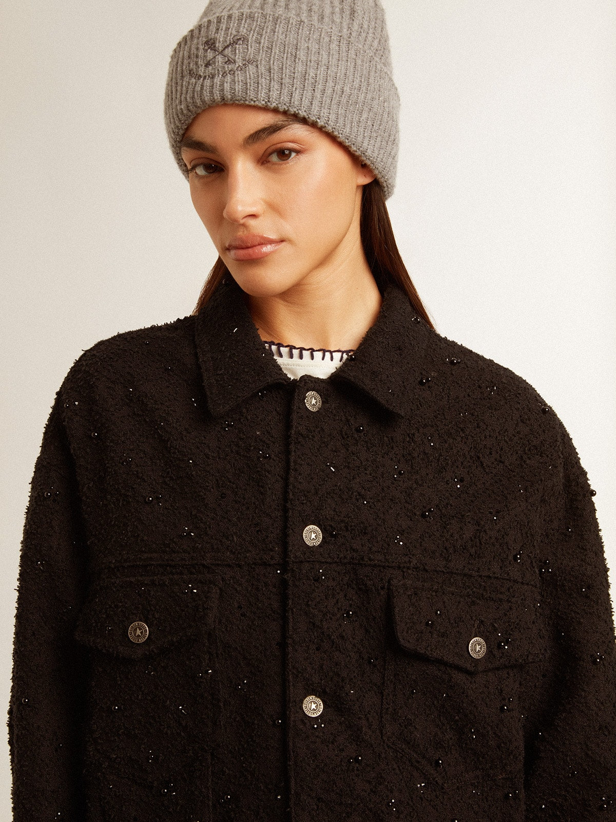 Women's black denim jacket with embroidery